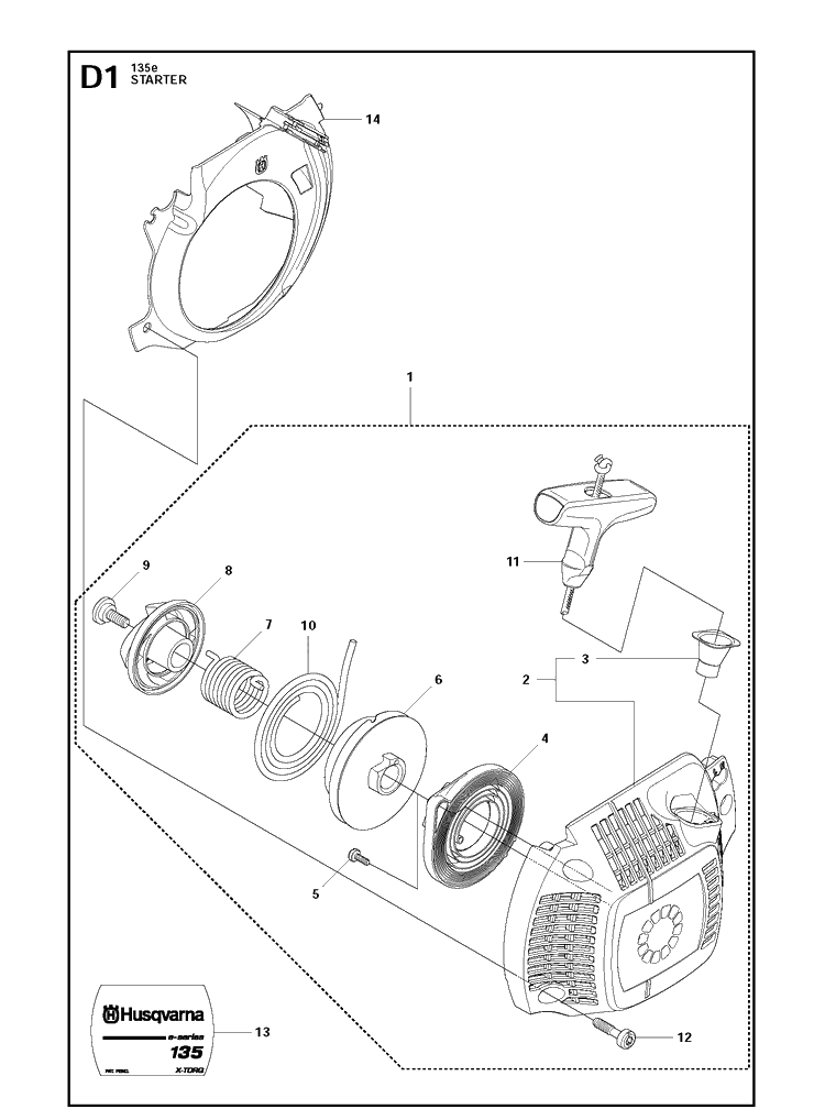 Starter Diagram and Parts List for 135E  Husqvarna Chainsaw