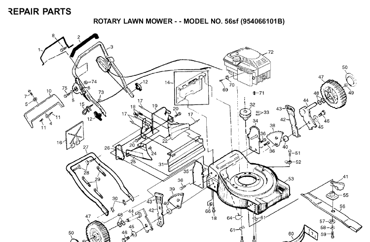 Repair Parts 4 Diagram and Parts List for 56SF (954066101)(1995-04) Husqvarna Lawn Mower