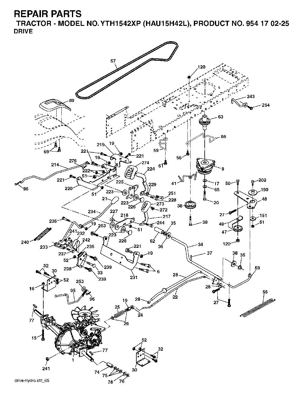 Drive Diagram and Parts List for YTH1542XP (HAU15H42L, 954170225)(2005-05) Husqvarna Lawn Tractor