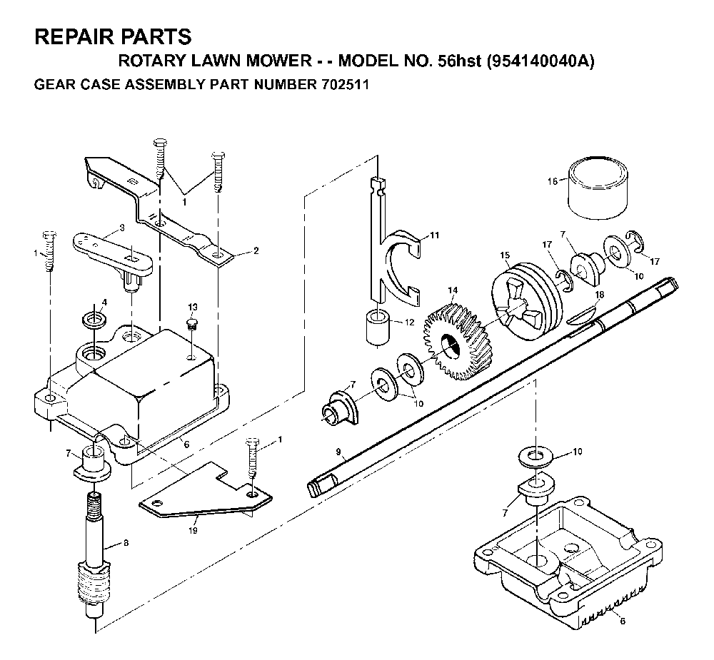 Gear Case Diagram and Parts List for 56HST (954140040A, 702511)(1997-01) Husqvarna Lawn Mower
