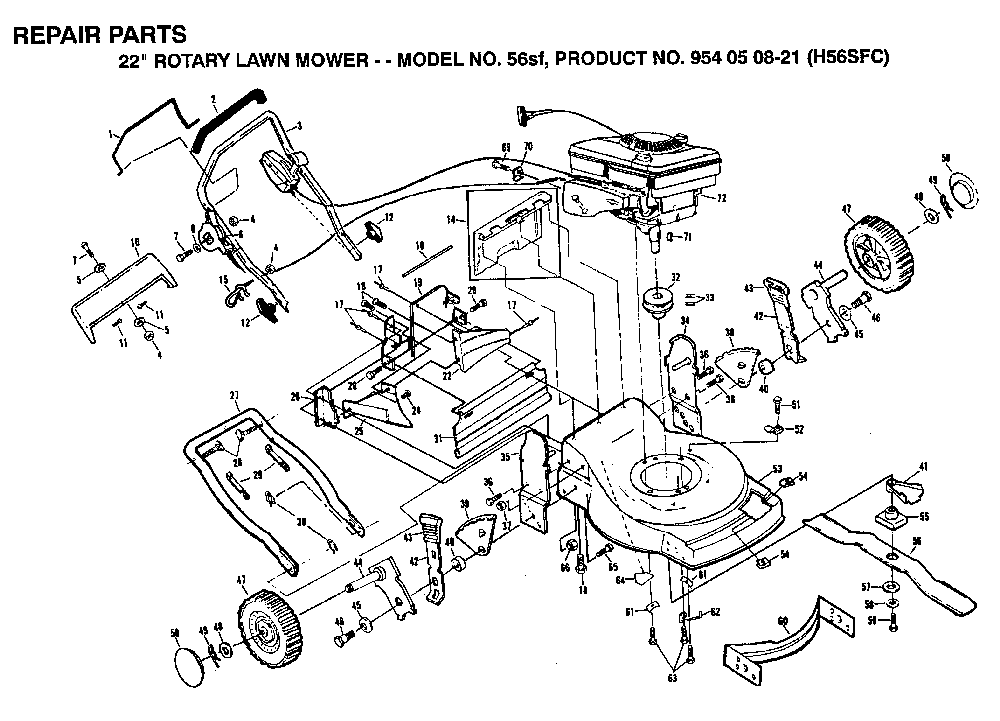 Repair Parts Diagram and Parts List for 56SF (H56SFC, 954050821, 132232)(1992-01) Husqvarna Lawn Mower