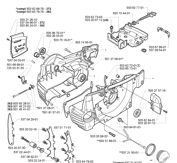 Crankcase Diagram and Parts List for 362EPA 2005-05 Husqvarna Chainsaw