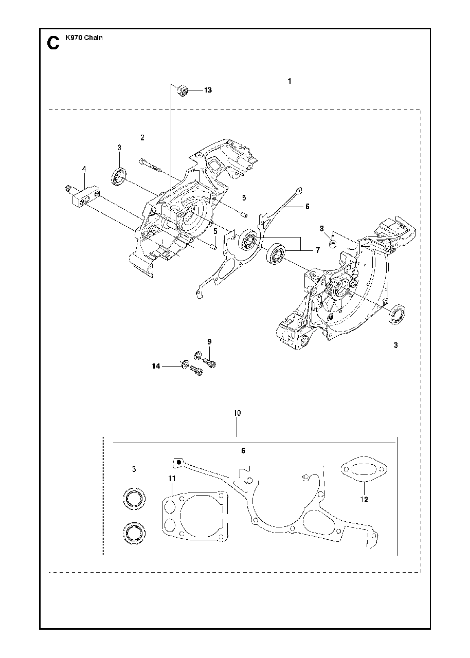 Crankcase Diagram and Parts List for K970CHAIN 2011-12 Husqvarna Circular Saw