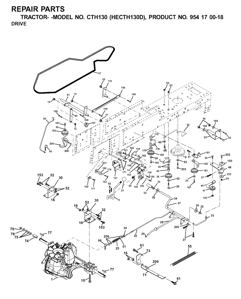 Drive Diagram and Parts List for CTH130 (954170018-D)(2001-02) Husqvarna Lawn Tractor