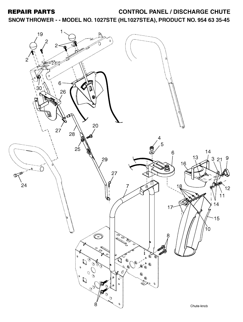 Control Panel And Discharge Chute Diagram and Parts List for 1027STE (954633545-A)(2004-03) Husqvarna Snow Blower