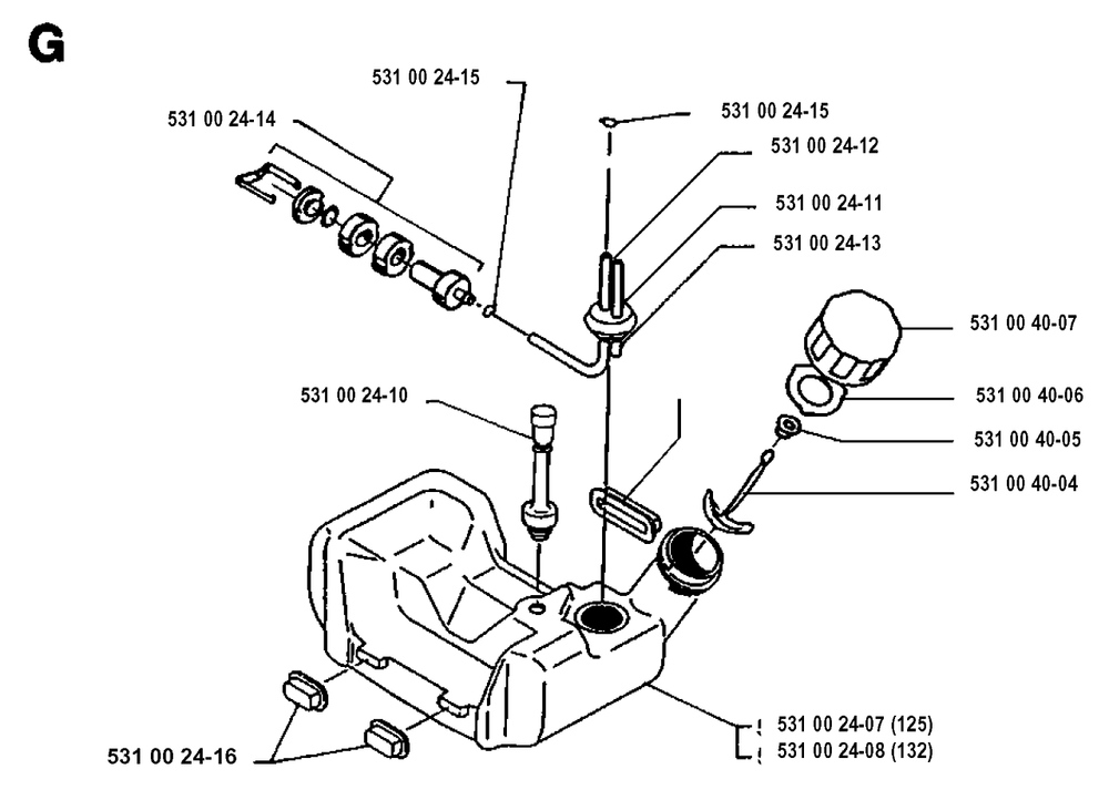 Fuel Tank Diagram and Parts List for 125RB 19931400001 & Above Husqvarna Trimmer