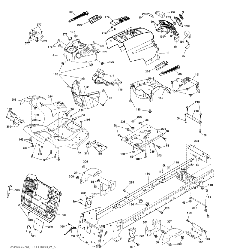 Chassis And Enclosures Diagram and Parts List for TC138L (96051018900)(2019-08) Husqvarna Lawn Tractor