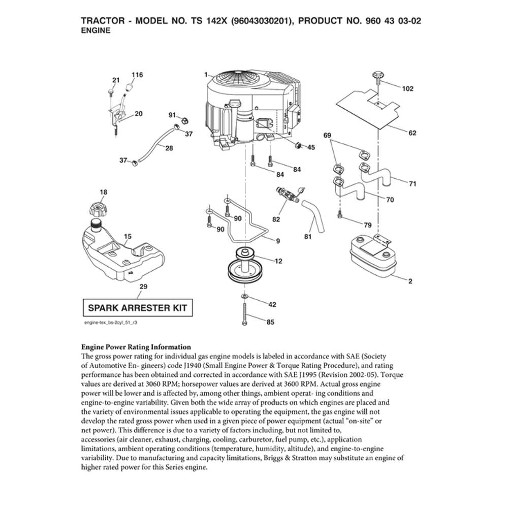 Engine Diagram and Parts List for TS142X-96043030201  Husqvarna Lawn Tractor