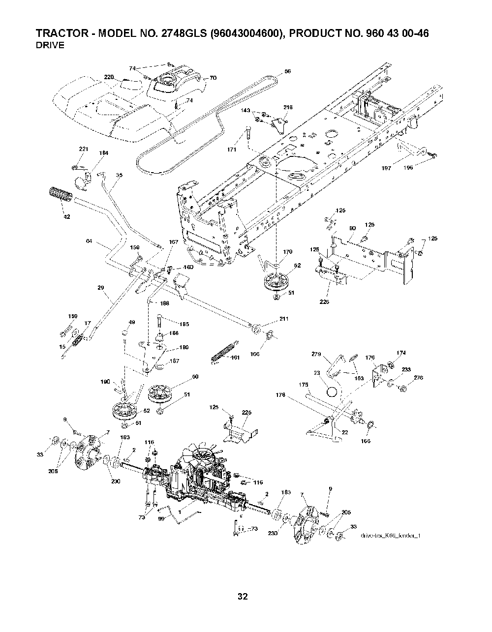Drive Diagram and Parts List for 2748GLS (96043004600)(2008-01) Husqvarna Lawn Tractor