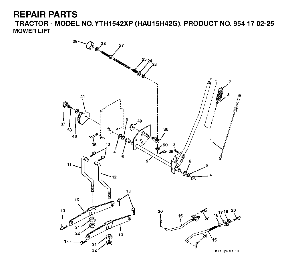 Mower Lift / Deck Lift Diagram and Parts List for YTH1542XP (HAU15H42G, 954170225)(2004-09) Husqvarna Lawn Tractor