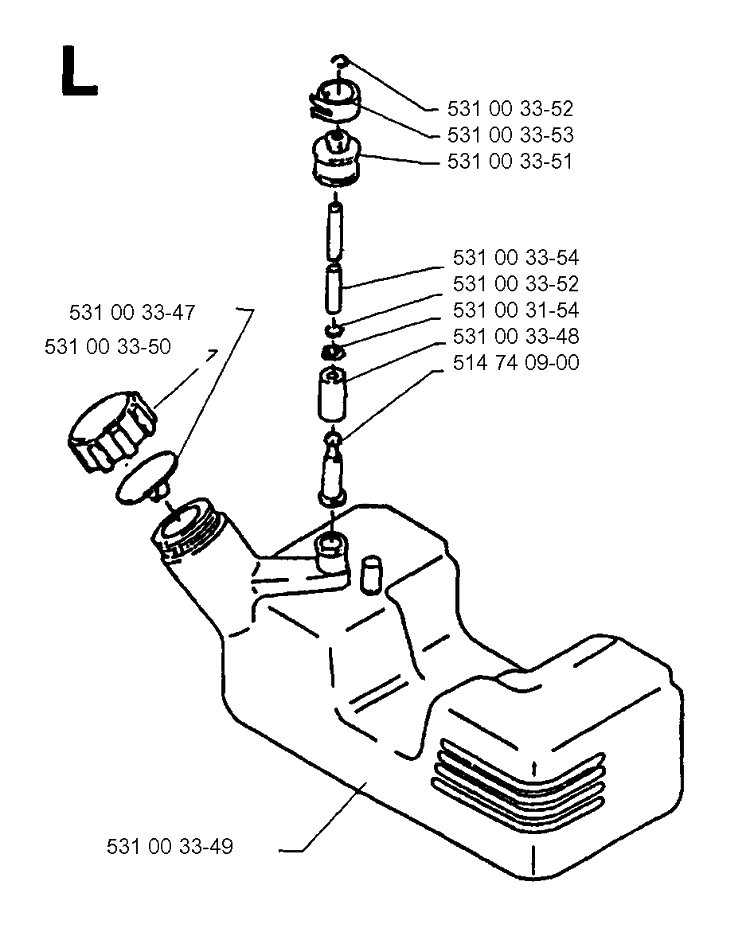 Fuel Tank Diagram and Parts List for 140B 19952700001-19960900000 Husqvarna Leaf Blower / Vacuum