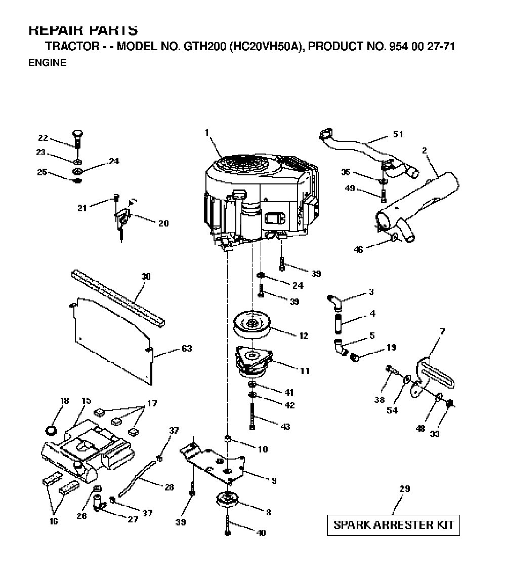 Engine Diagram and Parts List for GTH200 (HC20VH50A, 954002771)(1996-04) Husqvarna Lawn Tractor