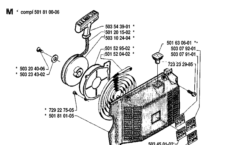 Starter Diagram and Parts List for 288 19911400001-19933600000 Husqvarna Chainsaw