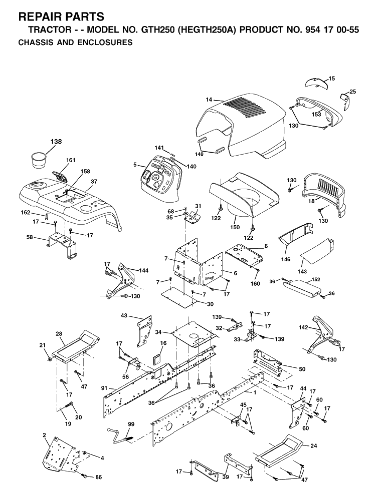 Chassis And Enclosures Diagram and Parts List for GTH250 (HEGTH250A)(2002-03) Husqvarna Lawn Tractor