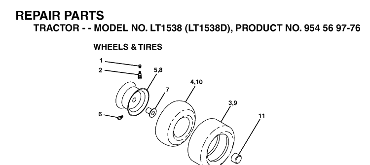 Wheels And Tires Diagram and Parts List for LT1538-LT1538D 2003-01 Husqvarna Lawn Tractor