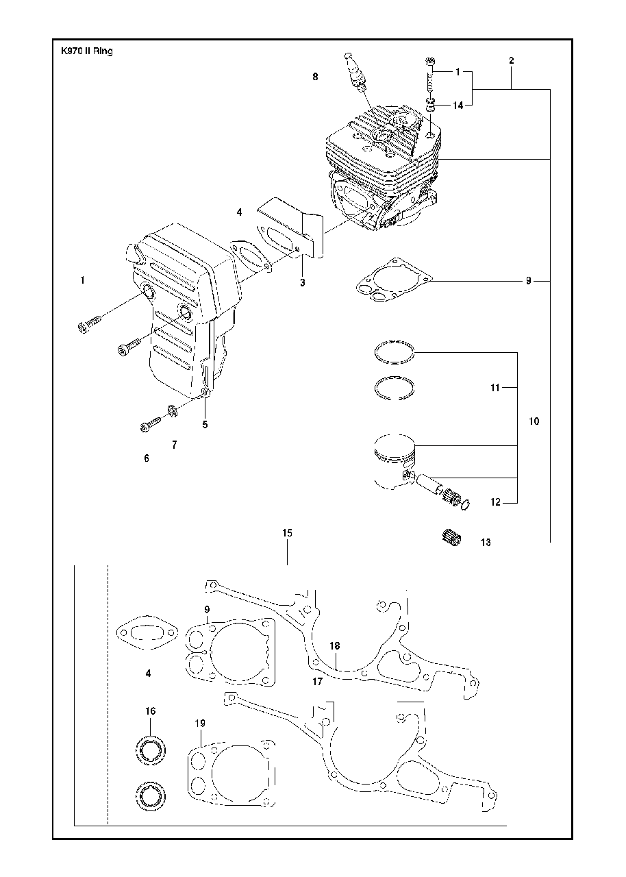 Cylinder, Piston And Muffler Diagram and Parts List for K970IIRING 2015-03 Husqvarna Circular Saw
