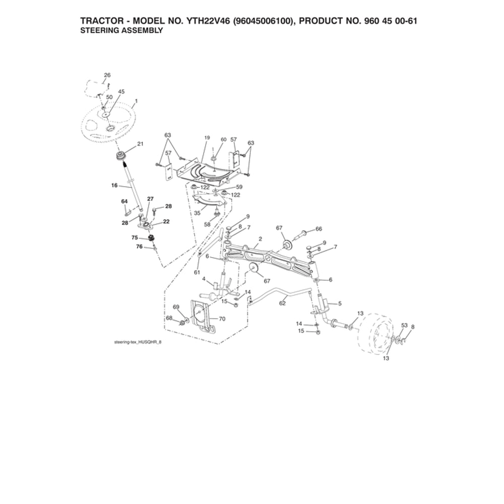 Steering Assembly Diagram and Parts List for YTH22V46-96045006100  Husqvarna Lawn Tractor