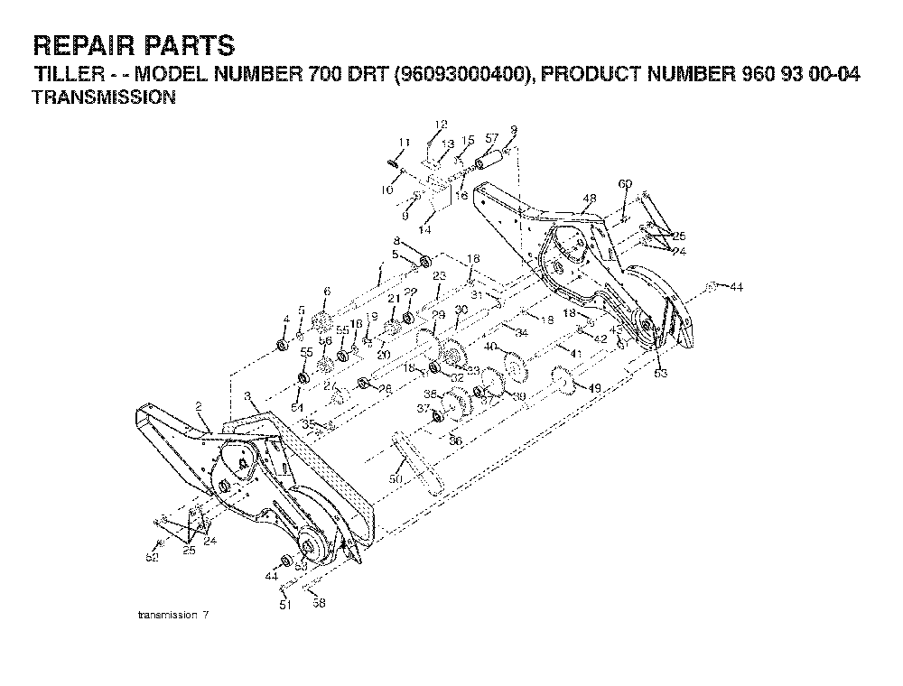 Transmission Diagram and Parts List for 700DRT (96093000400)(2006-02) Husqvarna Tiller