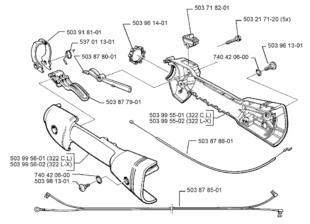 Handle And Trigger Assembly Diagram and Parts List for 325LX 1999-03 Husqvarna Trimmer