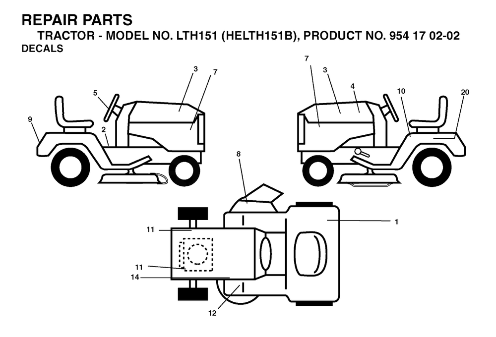 Decals Diagram and Parts List for LTH151 (954170202-B)(2004-06) Husqvarna Lawn Tractor