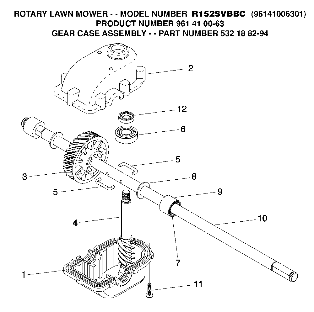 Gear Case Diagram and Parts List for R152SVH-BBC (96141006301, 961410063)(2008-02) Husqvarna Lawn Mower