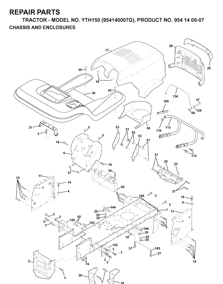 Chassis And Enclosures Diagram and Parts List for YTH150 (954140007G)(1998-09) Husqvarna Lawn Tractor