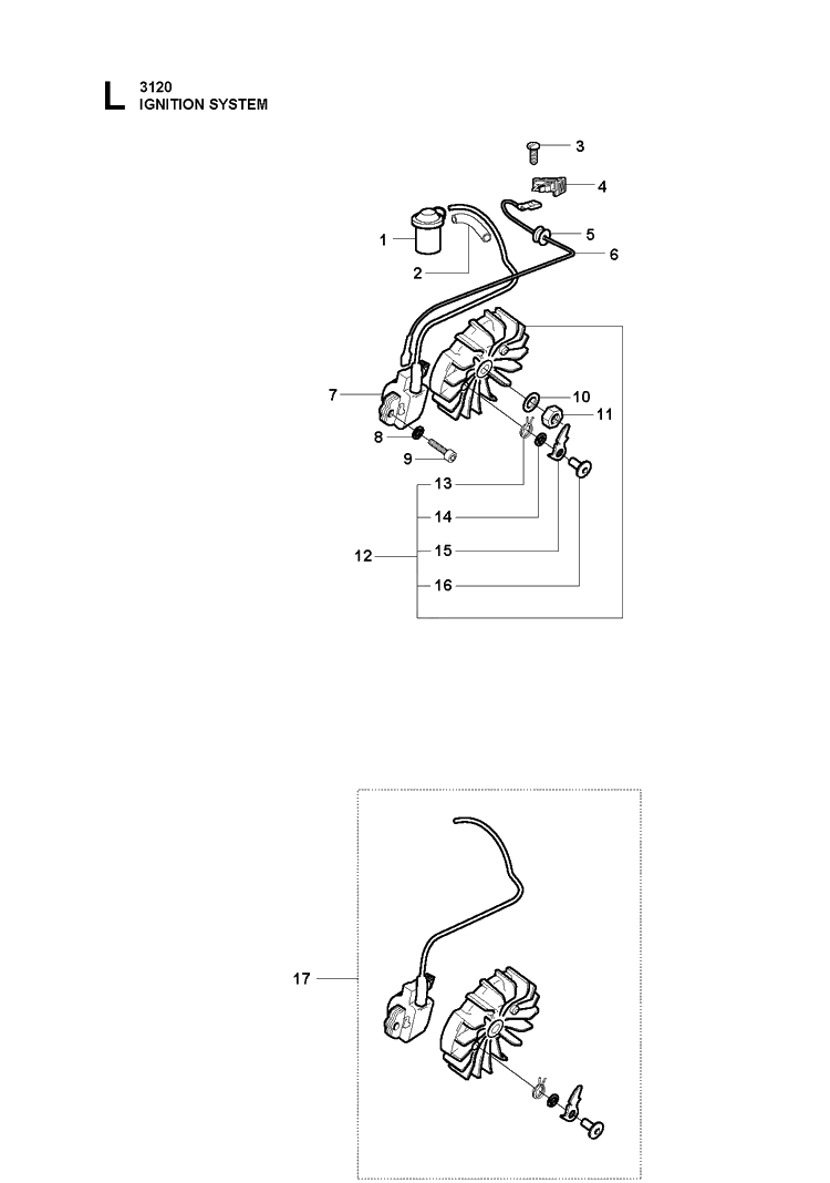 Ignition System Diagram and Parts List for 3120XP-3120XPEPA 20180900001-20182200000 Husqvarna Chainsaw