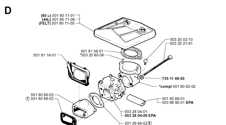 Carburetor And Air Filter Diagram and Parts List for 281 20000600001-20014000000 Husqvarna Chainsaw