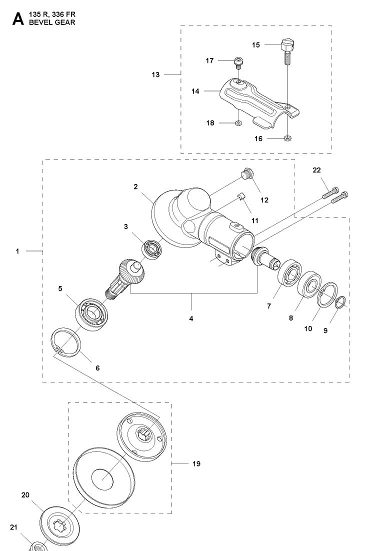 Bevel Gear Diagram and Parts List for 336FR  Husqvarna Brush Cutter