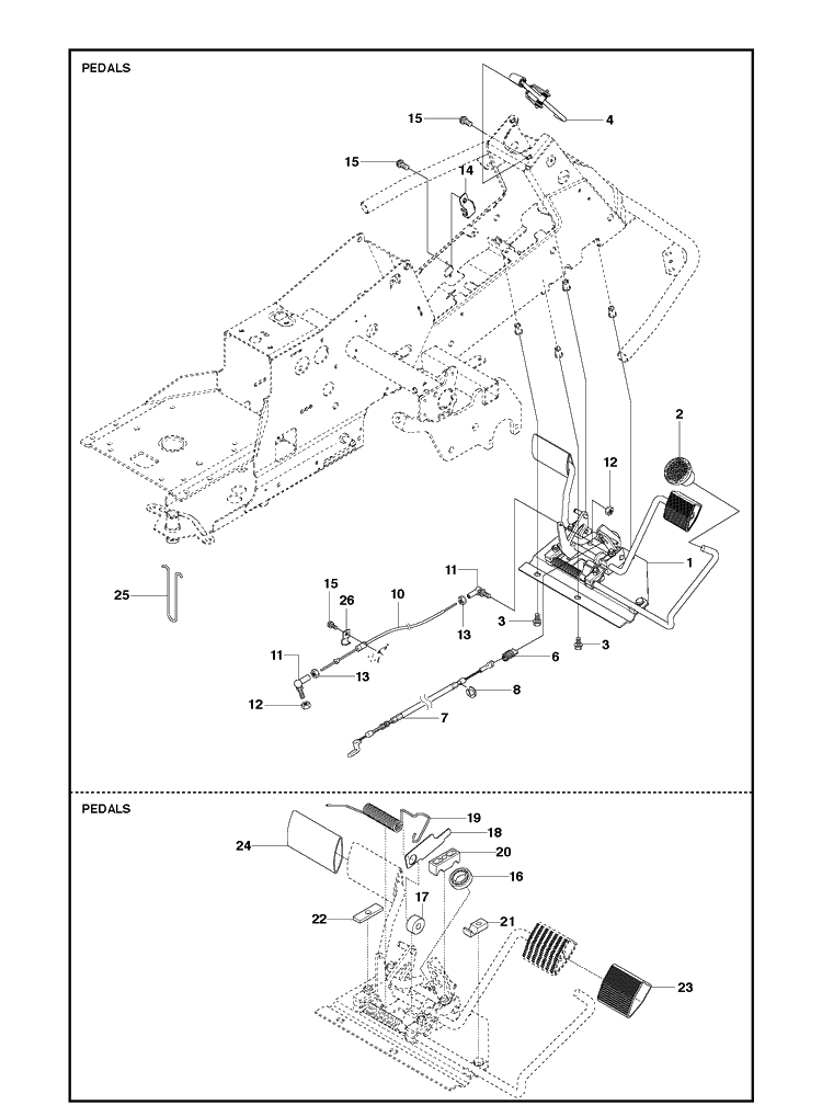 Pedals Diagram and Parts List for R216T AWD Husqvarna Lawn Mower