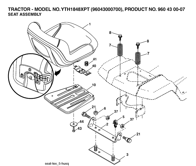 Seat Diagram and Parts List for YTH1848XP (96043000700)(2006-03) Husqvarna Lawn Tractor