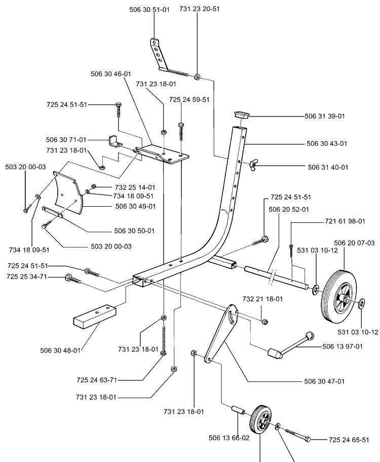 Main Frame And Wheel Diagram and Parts List for KV03 (371 K)(3210 K)(1999-09) Husqvarna Lawn Tractor Accessories