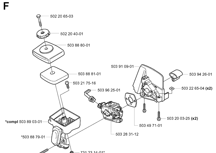 Carburetor And Air Filter Diagram and Parts List for 325HDA55 (X-SERIES)(20010100001-20011800000) Husqvarna Hedge Trimmer