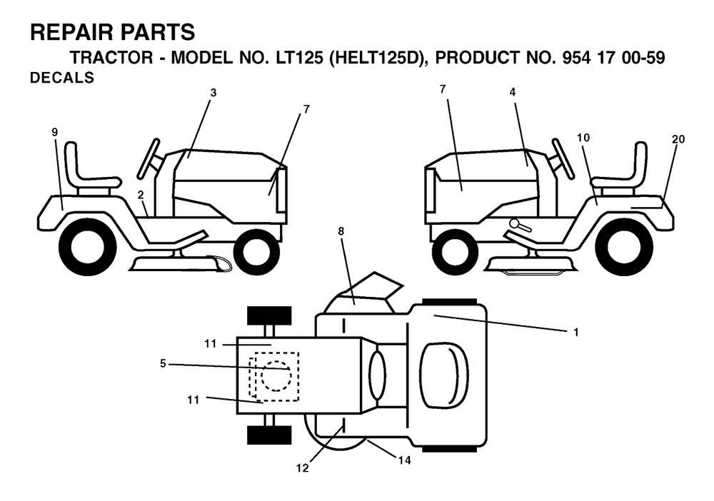 Decals Diagram and Parts List for LT125 (954170059-D)(2002-06) Husqvarna Lawn Tractor