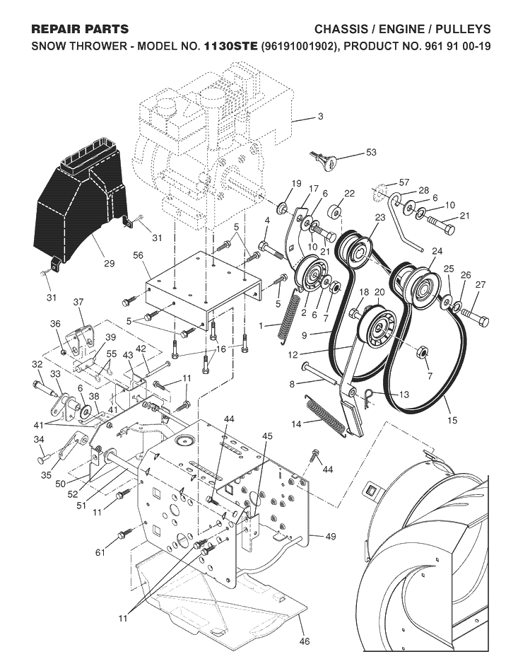 Chassis, Engine And Pulleys Diagram and Parts List for 1130STE (96191001902)(2007-10) Husqvarna Snow Blower