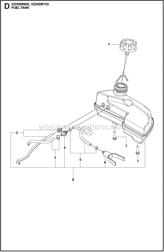 Fuel Tank Diagram and Parts List for 522HDR75S  Husqvarna Trimmer