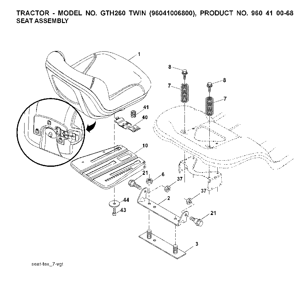 Seat Diagram and Parts List for GTH260TWIN (96041006800)(2008-01) Husqvarna Lawn Tractor