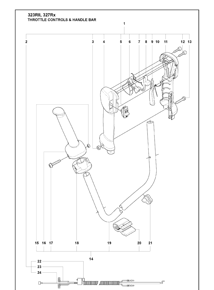 Throttle Controls And Handle Bar Diagram and Parts List for 323RII 2009-08 Husqvarna Trimmer