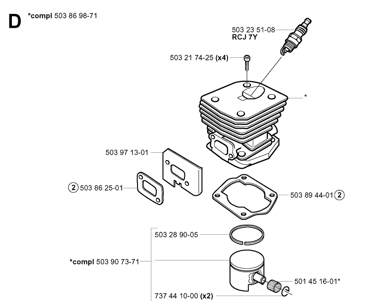 Cylinder Piston Diagram and Parts List for 346XP 20032200001-20041000000 Husqvarna Chainsaw