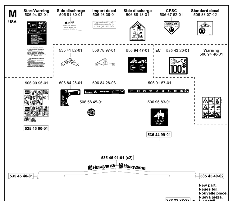 Decals Diagram and Parts List for PR15 2003-01 Husqvarna Lawn Mower