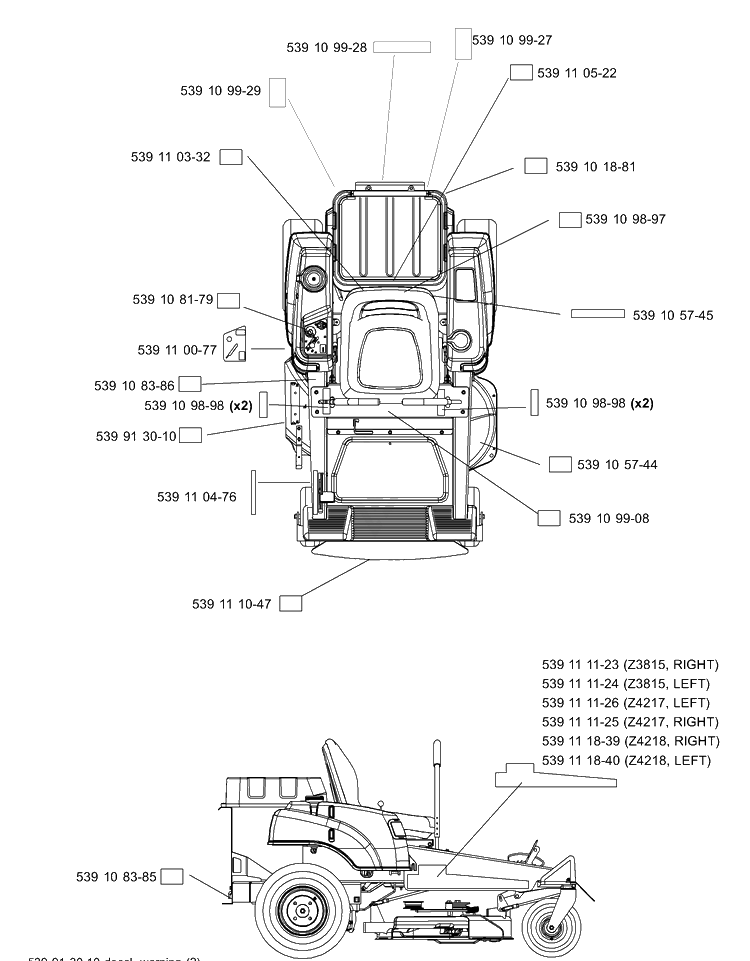 Decals Diagram and Parts List for Z4218KOA (968999282)(2005-08) Husqvarna Lawn Mower