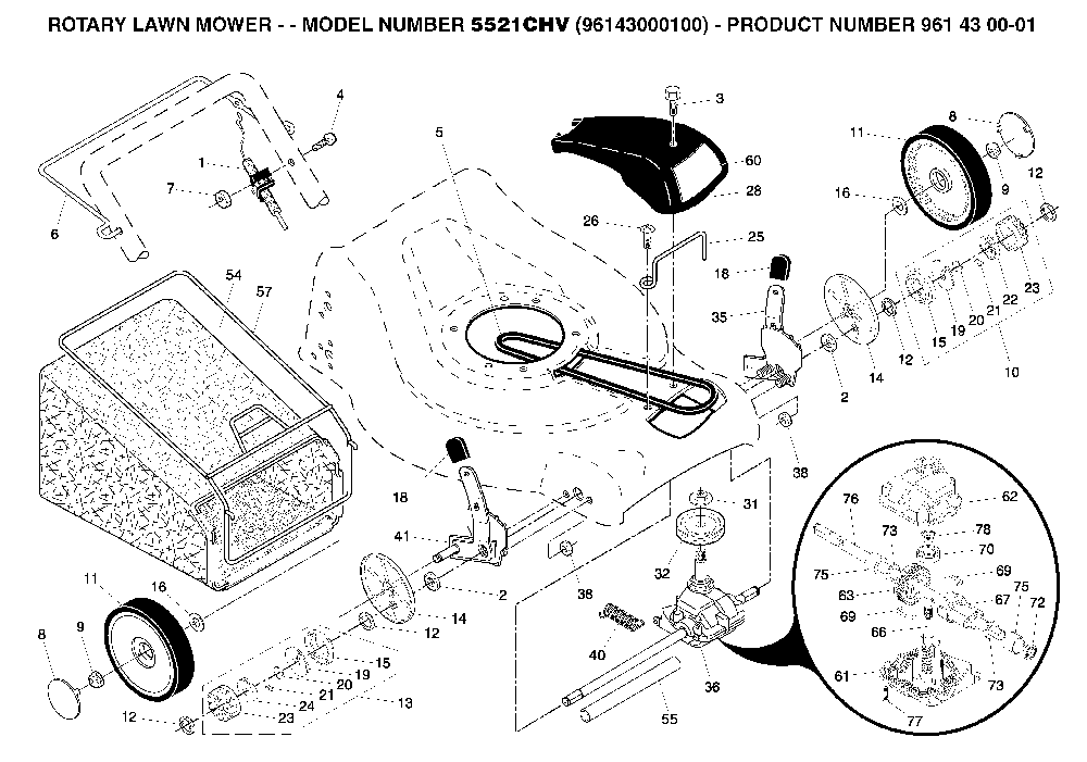 Repair Parts Diagram and Parts List for 5521CHV (96143000100)(2004-12) Husqvarna Lawn Mower