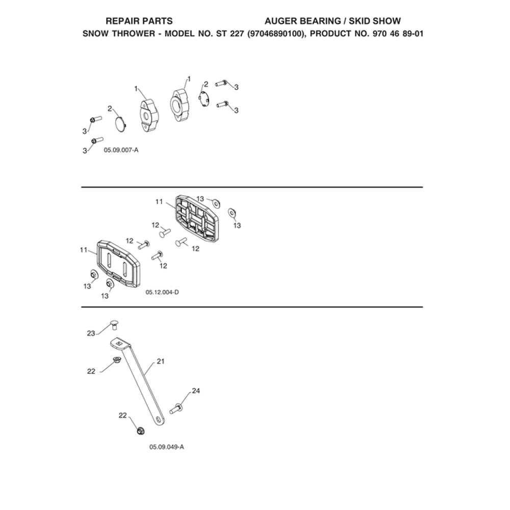 Auger Bearing/Skid Show Diagram and Parts List for ST227-970528702  Husqvarna Snow Blower
