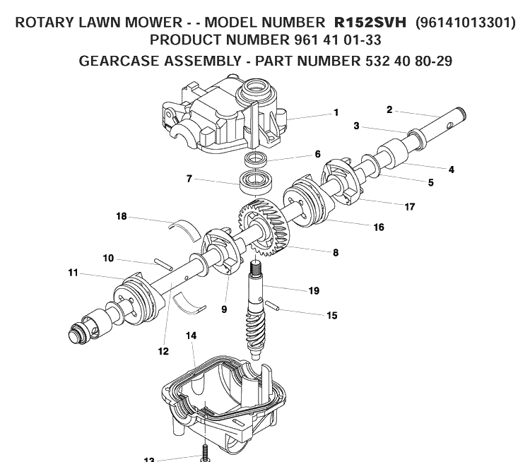 Gear Case Diagram and Parts List for R152SVH (96141013301)(2008-02) Husqvarna Lawn Mower