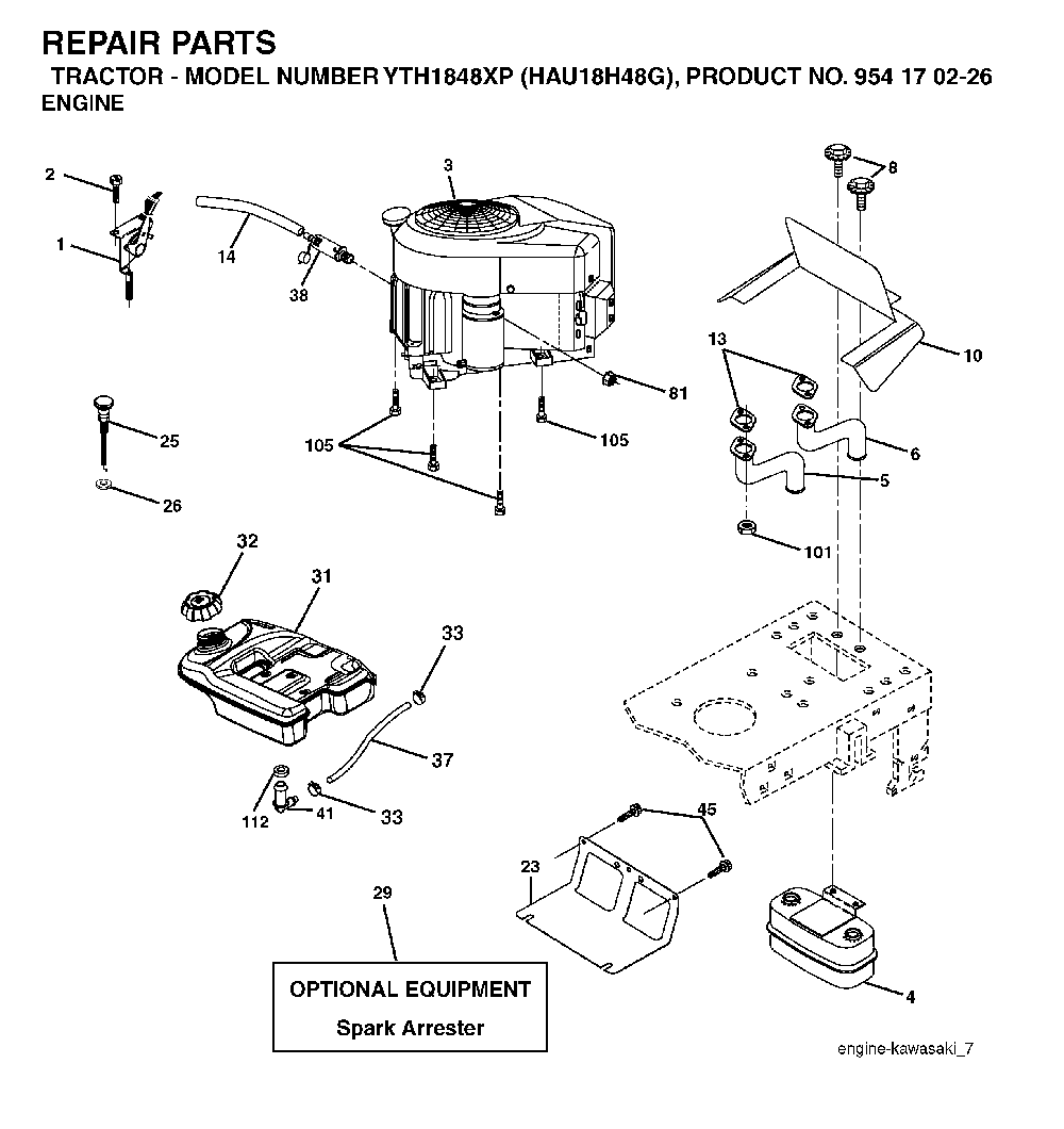 Engine Diagram and Parts List for YTH1848XP (HAU18H48G, 954170226)(2004-09) Husqvarna Lawn Tractor