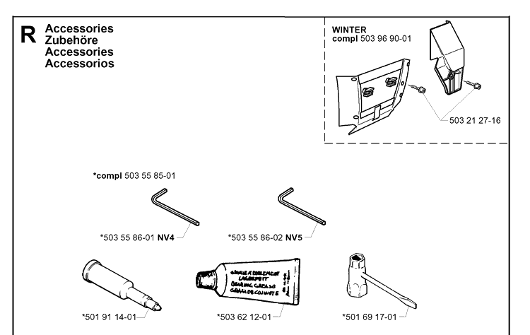 Accessories Diagram and Parts List for 362XP 19994500001-20014000000 Husqvarna Chainsaw