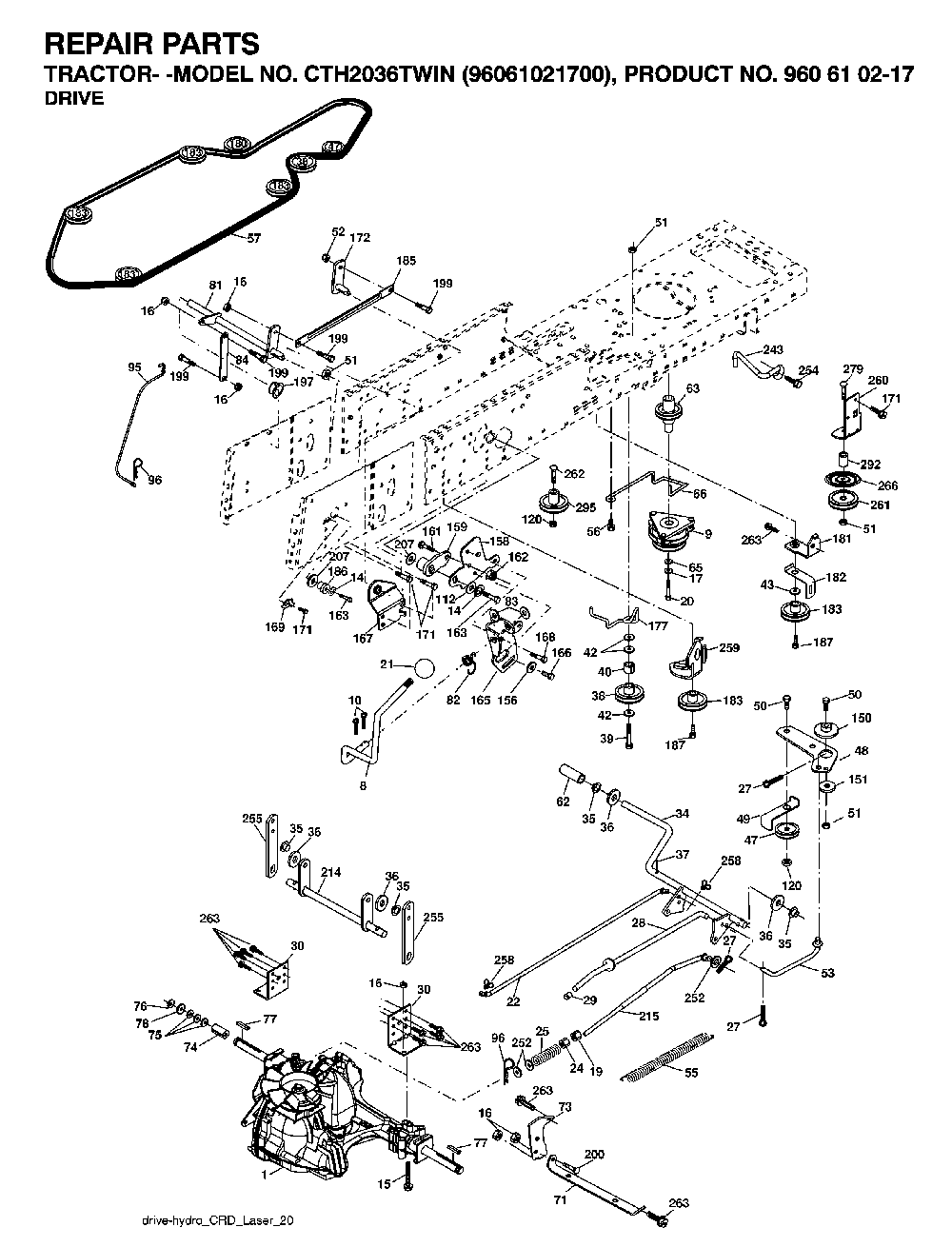 Drive Diagram and Parts List for CTH2036TWIN (96061021700, 960610217)(2007-04) Husqvarna Lawn Tractor