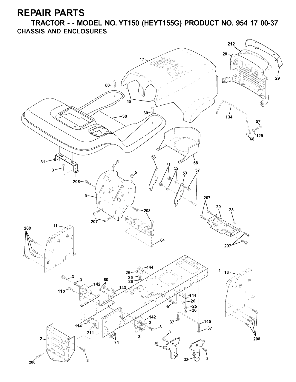 Chassis And Enclosures Diagram and Parts List for YT150 (954170037-G)(2001-01) Husqvarna Lawn Tractor