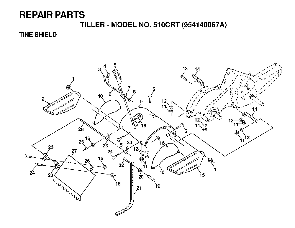 Tine Shield Diagram and Parts List for 510CRT (954140067A)(1998-02) Husqvarna Tiller