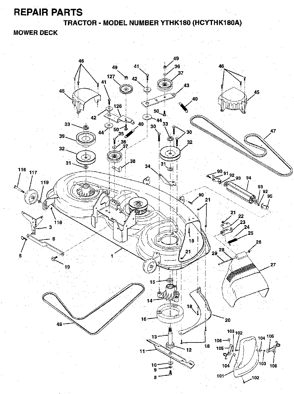 Mower Deck / Cutting Deck Diagram and Parts List for YTHK180 (HCYTHK180A)(1996-01) Husqvarna Lawn Tractor